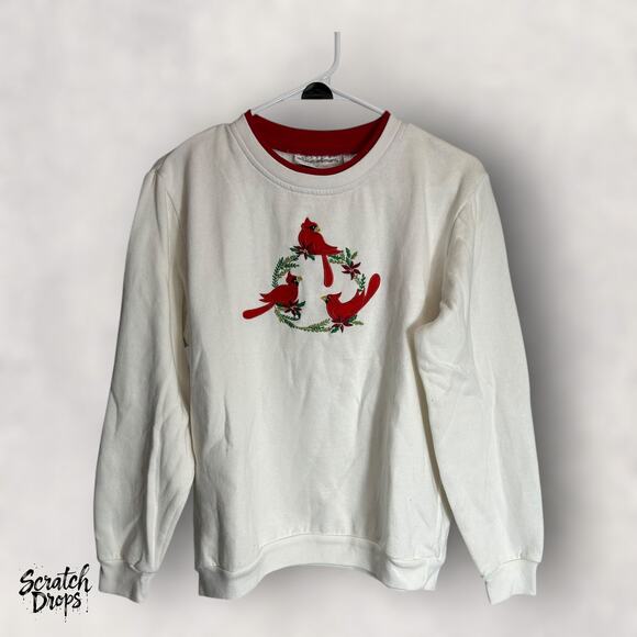Allyson Whitmore Medium White Sweatshirt Cardinal Embroidery Christmas Top - Picture 1 of 3